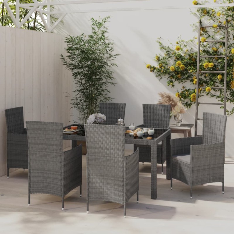 vidaXL Set de comedor de jardín 7 pzas y cojines ratán sintético gris vidaXL Set de comedor de jardín 7 pzas y cojines ratán sintético gris