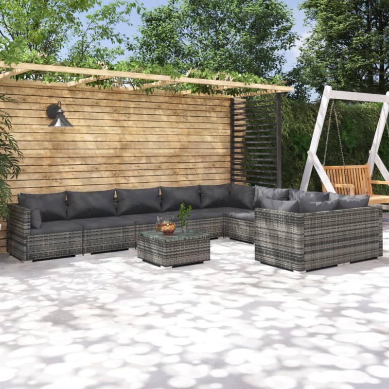 vidaXL Set de muebles de jardín 10 pzas y cojines ratán sintético gris vidaXL Set de muebles de jardín 10 pzas y cojines ratán sintético gris