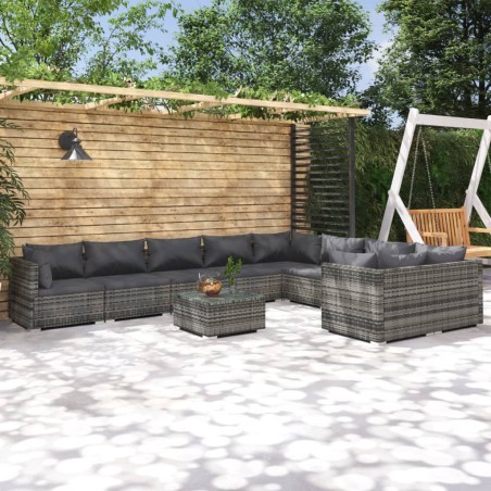 vidaXL Set de muebles de jardín 10 pzas y cojines ratán sintético gris