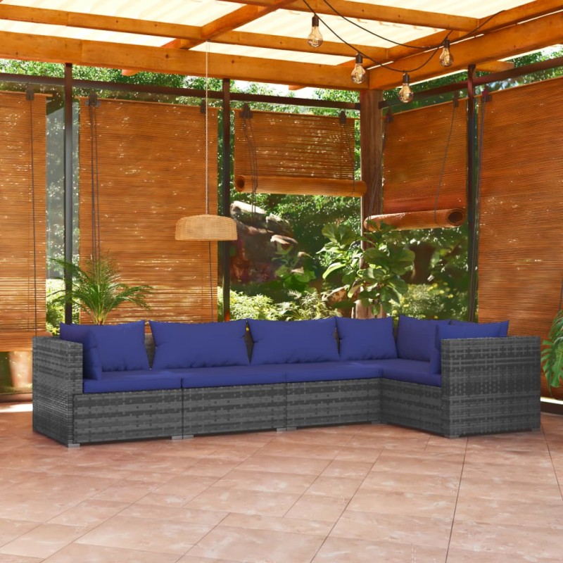 vidaXL Set de sofás de jardín 5 piezas y cojines ratán sintético gris