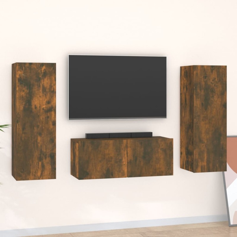 vidaXL Set de muebles de TV 3 pzas madera contrachapada roble ahumado vidaXL Set de muebles de TV 3 pzas madera contrachapada roble ahumado
