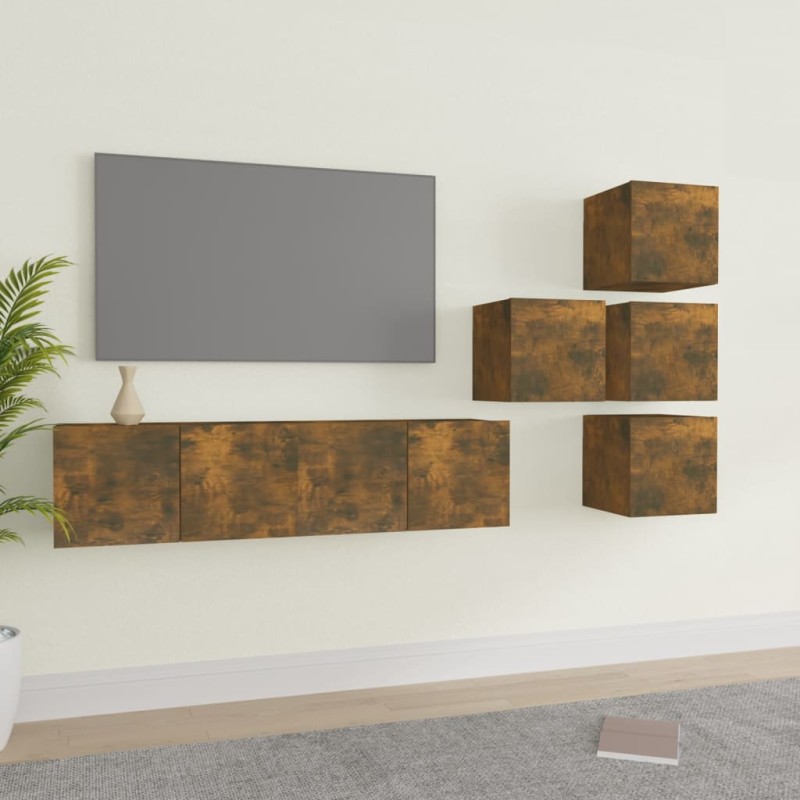 vidaXL Set de muebles de TV 6 pzas madera contrachapada roble ahumado vidaXL Set de muebles de TV 6 pzas madera contrachapada roble ahumado