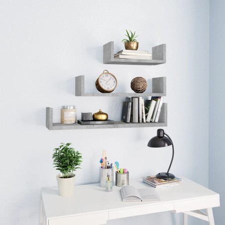 vidaXL Estantes de pared 3 piezas madera contrachapada gris hormigón