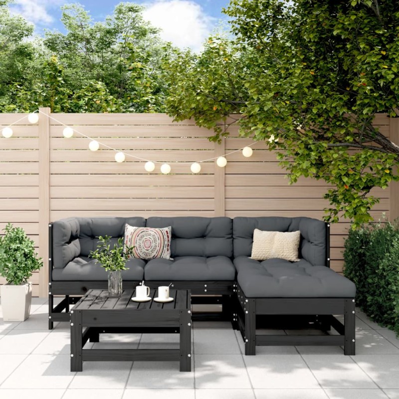vidaXL Juego de sofás de jardín 5 piezas madera maciza de pino negro