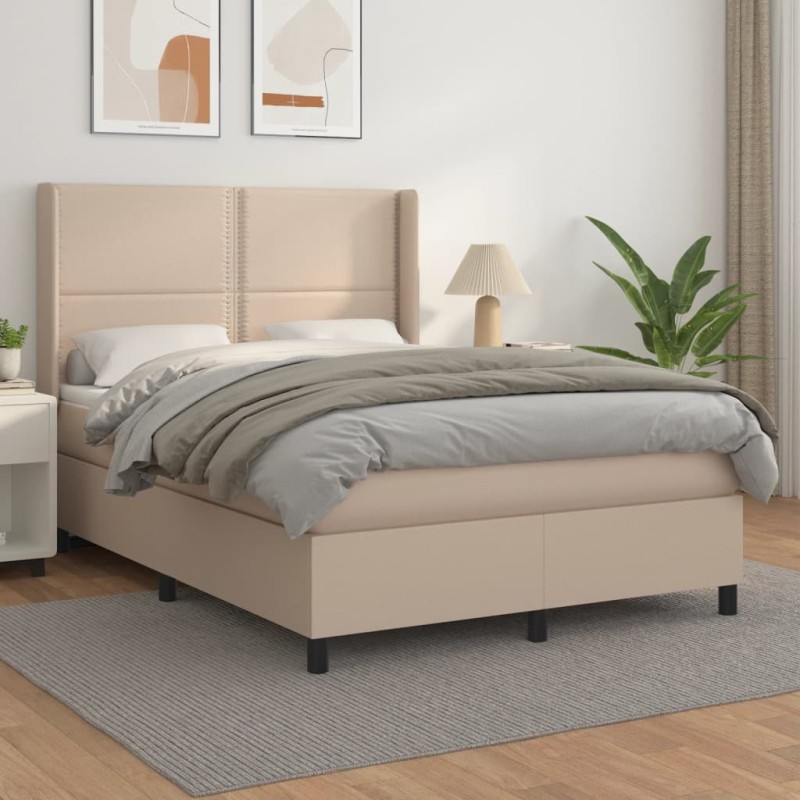 vidaXL Cama box spring con colchón cuero sintético capuchino 140x190cm vidaXL Cama box spring con colchón cuero sintético capuchino 140x190cm