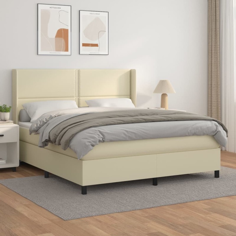 vidaXL Cama box spring con colchón cuero sintético crema 160x200 cm vidaXL Cama box spring con colchón cuero sintético crema 160x200 cm