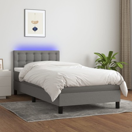 vidaXL Cama box spring colchón y luces LED tela gris oscuro 90x200 cm