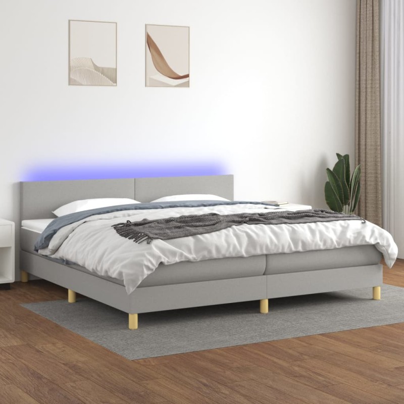 vidaXL Cama box spring con colchón tela y LED gris claro 200x200 cm