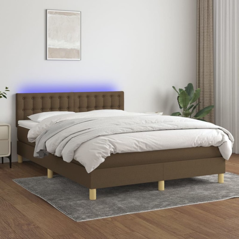 vidaXL Cama box spring con colchón LED tela marrón oscuro 140x200 cm vidaXL Cama box spring con colchón LED tela marrón oscuro 140x200 cm