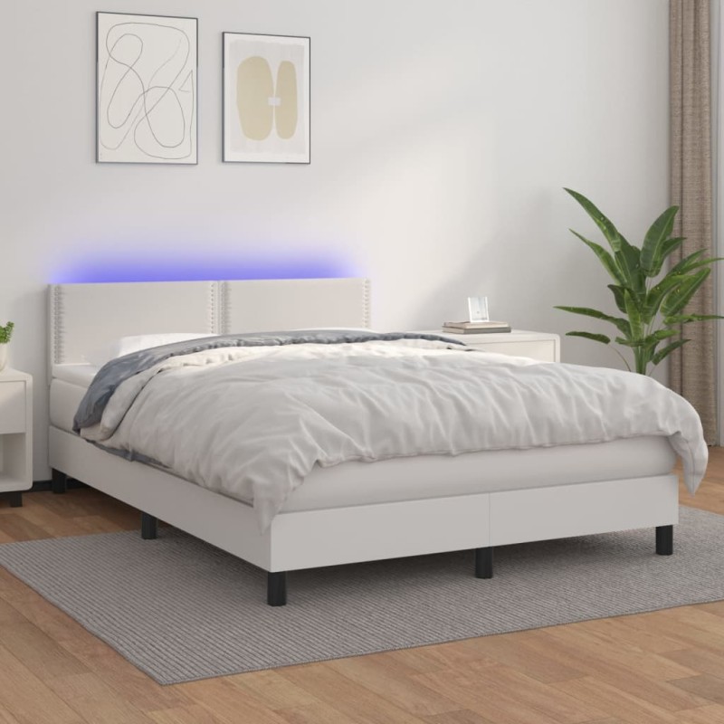 vidaXL Cama box spring colchón y LED cuero sintético blanco 140x200 cm vidaXL Cama box spring colchón y LED cuero sintético blanco 140x200 cm