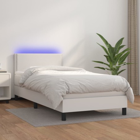 vidaXL Cama box spring y colchón LED cuero sintético blanco 80x200 cm