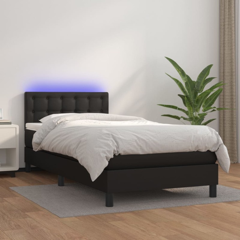 vidaXL Cama box spring y colchón LED cuero sintético negro 90x200 cm vidaXL Cama box spring y colchón LED cuero sintético negro 90x200 cm
