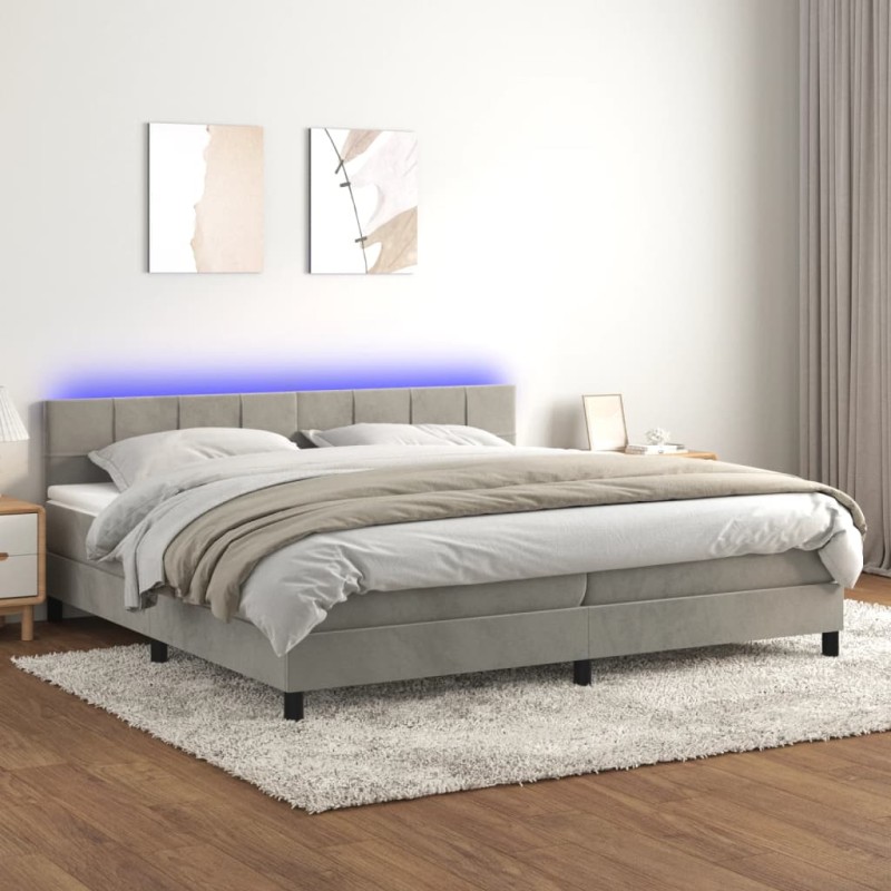vidaXL Cama box spring colchón y LED terciopelo gris claro 200x200 cm