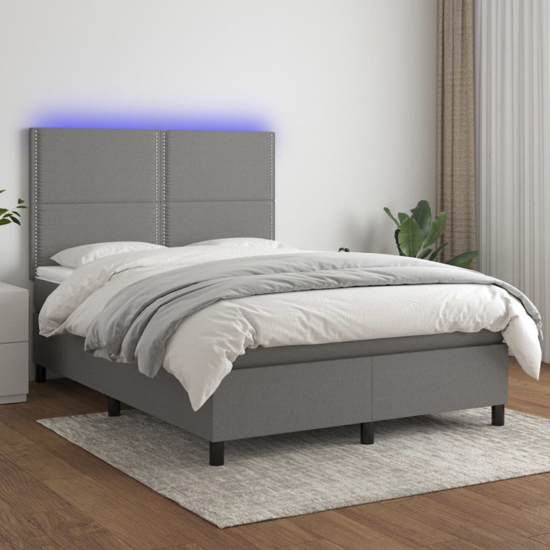vidaXL Cama box spring colchón y luces LED tela gris oscuro 140x190 cm vidaXL Cama box spring colchón y luces LED tela gris oscuro 140x190 cm