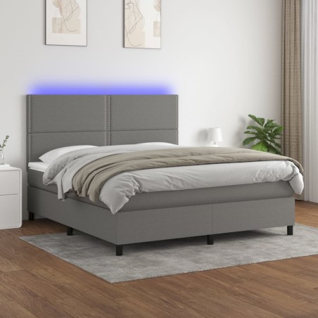 vidaXL Cama box spring colchón y luces LED tela gris oscuro 180x200 cm