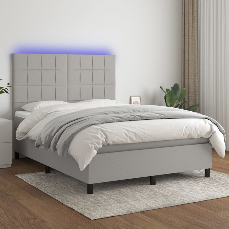 vidaXL Cama box spring colchón y luces LED tela gris claro 140x200 cm vidaXL Cama box spring colchón y luces LED tela gris claro 140x200 cm
