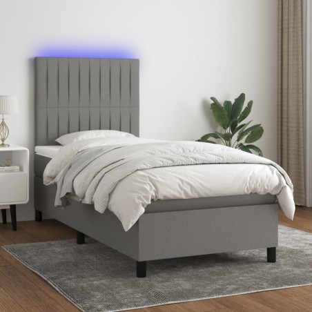 vidaXL Cama box spring colchón y luces LED tela gris oscuro 90x200 cm