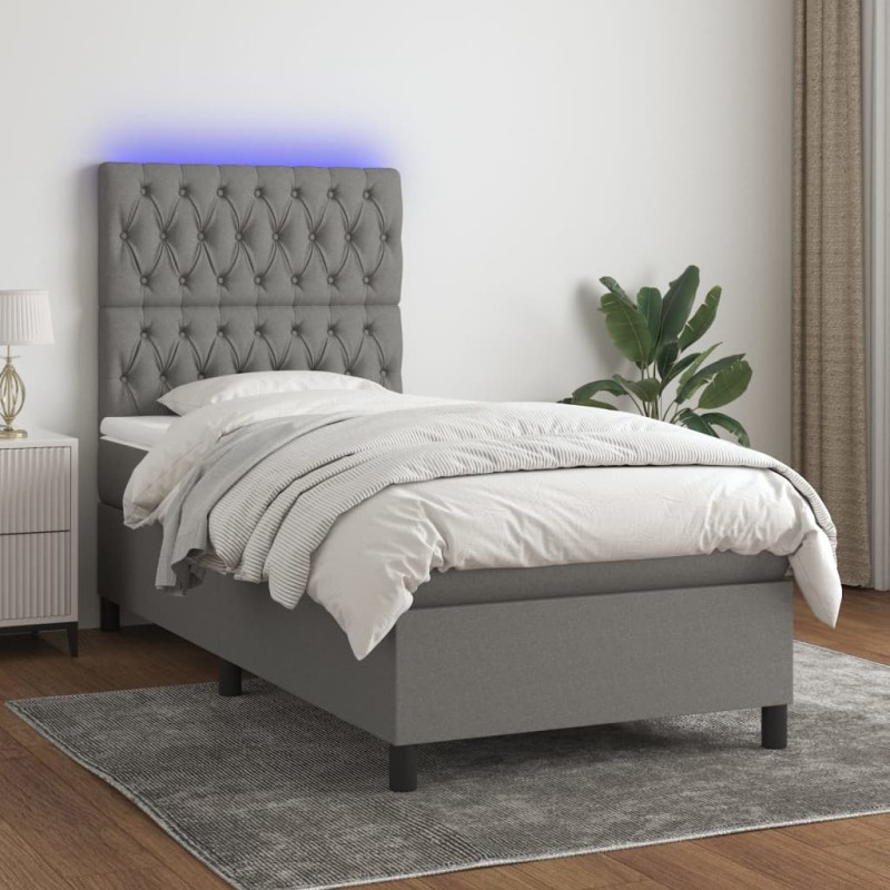 vidaXL Cama box spring colchón y luces LED tela gris oscuro 90x190 cm