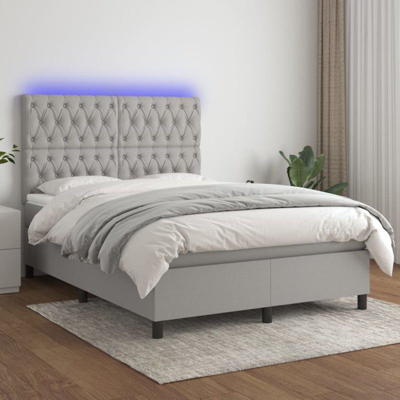 vidaXL Cama box spring colchón y luces LED tela gris claro 140x200 cm vidaXL Cama box spring colchón y luces LED tela gris claro 140x200 cm