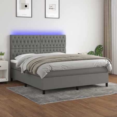 vidaXL Cama box spring colchón y luces LED tela gris oscuro 180x200 cm