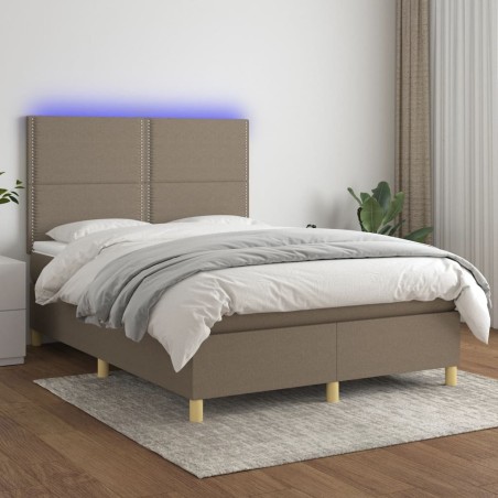vidaXL Cama box spring colchón y luces LED tela gris taupe 140x200 cm