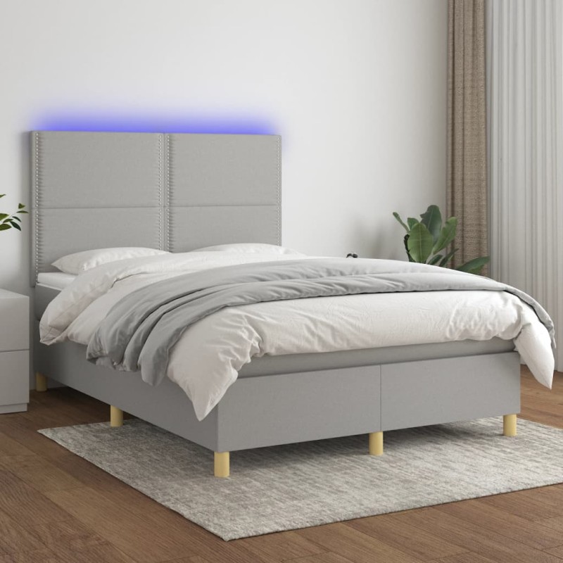vidaXL Cama box spring colchón y luces LED tela gris claro 140x190 cm vidaXL Cama box spring colchón y luces LED tela gris claro 140x190 cm