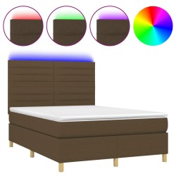 vidaXL Cama box spring colchón luces LED tela marrón oscuro 140x200cm
