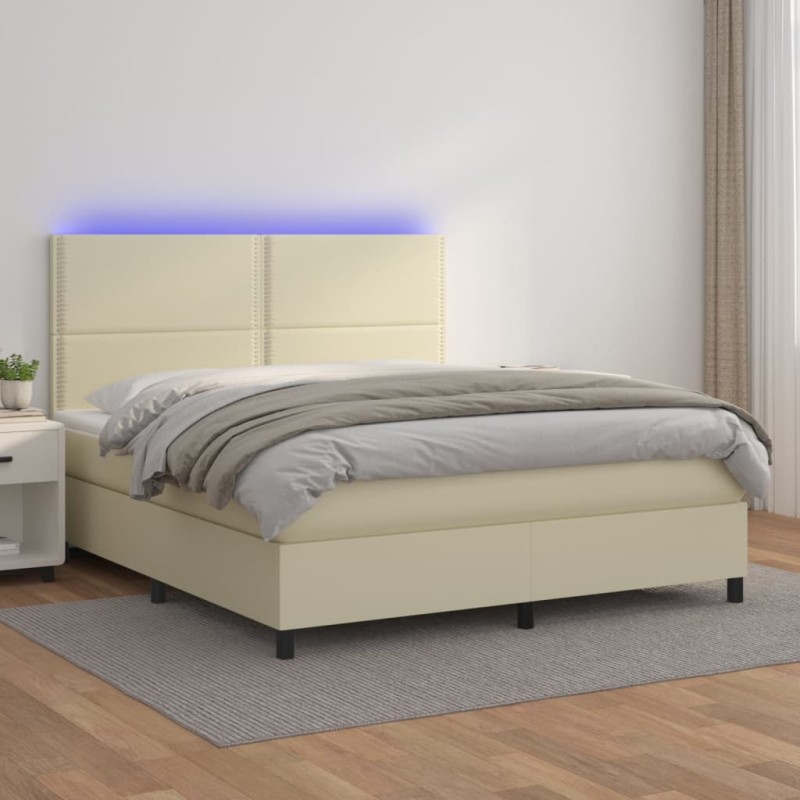 vidaXL Cama box spring colchón y LED cuero sintético crema 180x200 cm vidaXL Cama box spring colchón y LED cuero sintético crema 180x200 cm