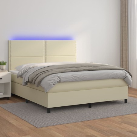 vidaXL Cama box spring colchón y LED cuero sintético crema 180x200 cm