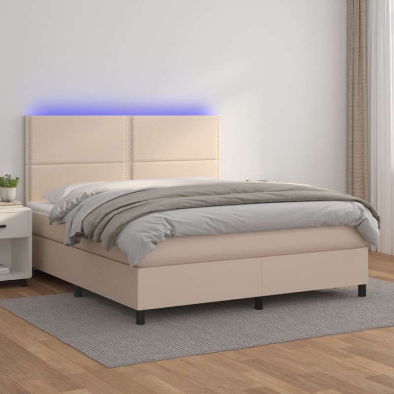 vidaXL Cama box spring colchón LED cuero sintético capuchino 140x190cm