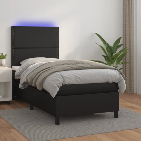 vidaXL Cama box spring colchón y LED cuero sintético negro 100x200 cm