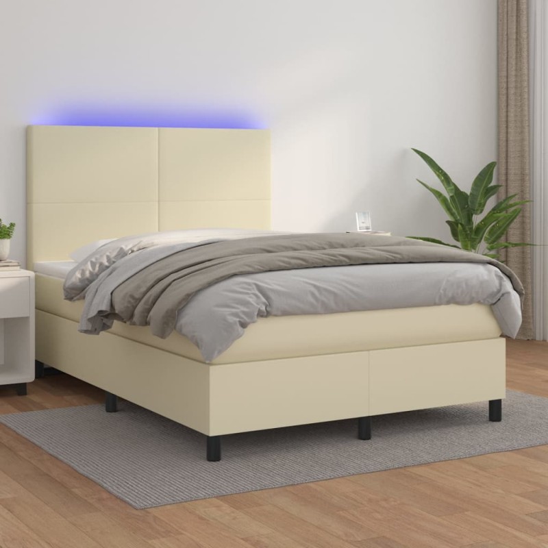 vidaXL Cama box spring colchón y LED cuero sintético crema 140x200 cm vidaXL Cama box spring colchón y LED cuero sintético crema 140x200 cm