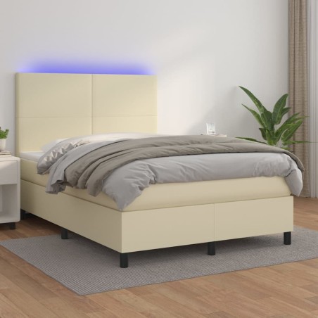 vidaXL Cama box spring colchón y LED cuero sintético crema 140x200 cm
