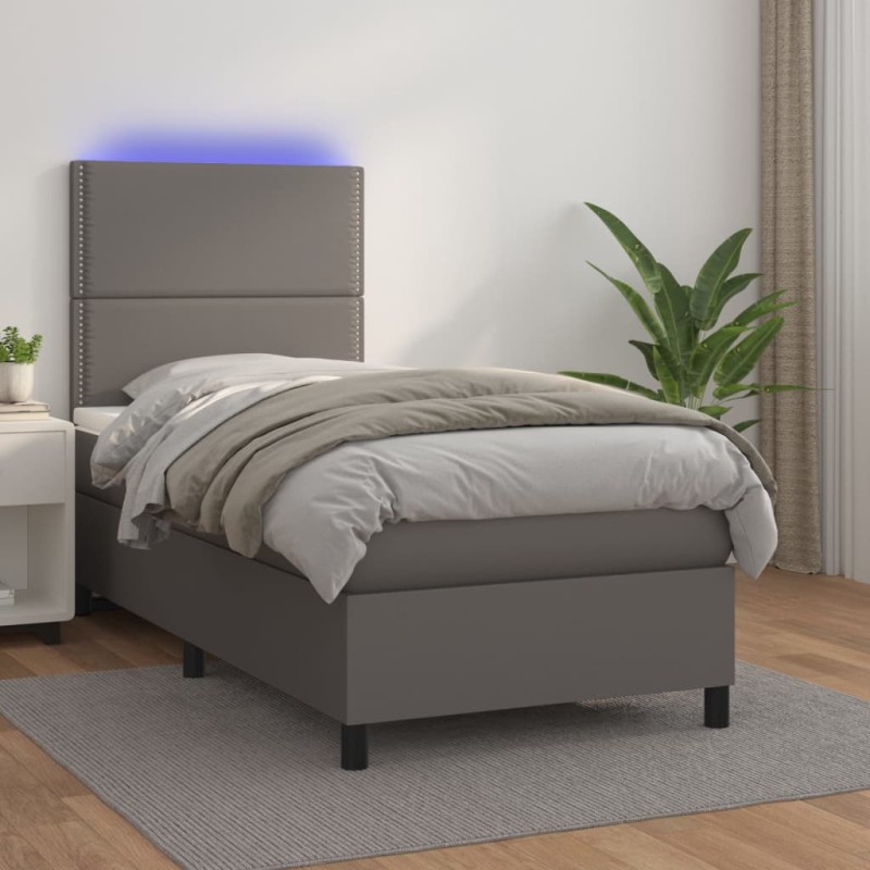vidaXL Cama box spring colchón y LED cuero sintético gris 100x200 cm vidaXL Cama box spring colchón y LED cuero sintético gris 100x200 cm