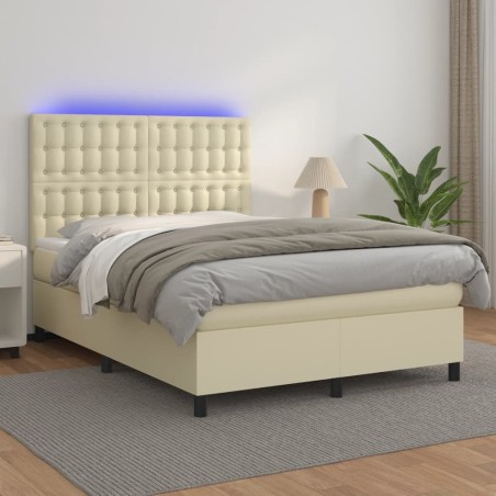vidaXL Cama box spring colchón y LED cuero sintético crema 140x190 cm