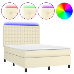 vidaXL Cama box spring colchón y LED cuero sintético crema 140x190 cm