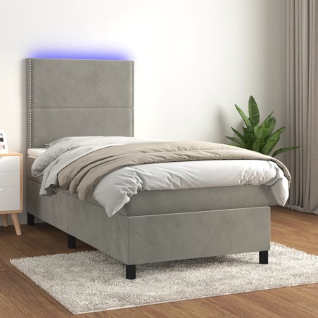 vidaXL Cama box spring colchón y LED terciopelo gris claro 100x200 cm