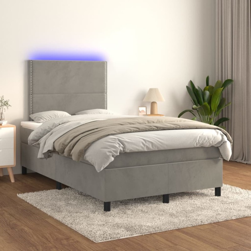 vidaXL Cama box spring colchón y LED terciopelo gris claro 120x200 cm vidaXL Cama box spring colchón y LED terciopelo gris claro 120x200 cm