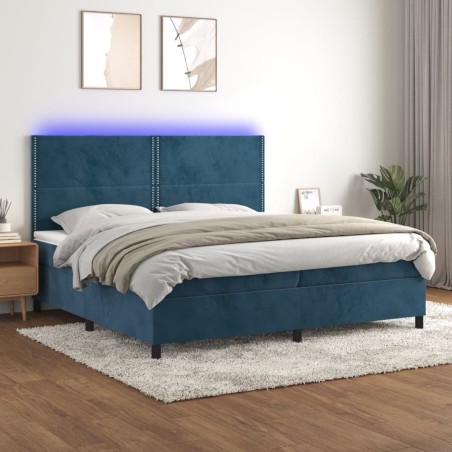 vidaXL Cama box spring colchón y LED terciopelo azul oscuro 200x200 cm