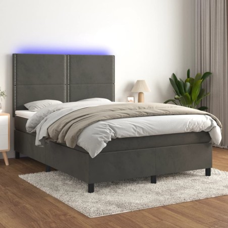 vidaXL Cama box spring colchón y LED terciopelo gris oscuro 140x200 cm