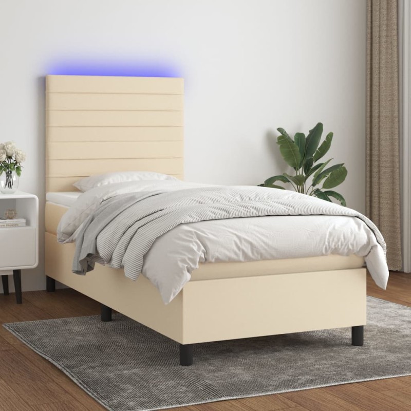 vidaXL Cama box spring colchón y luces LED tela crema 90x200 cm