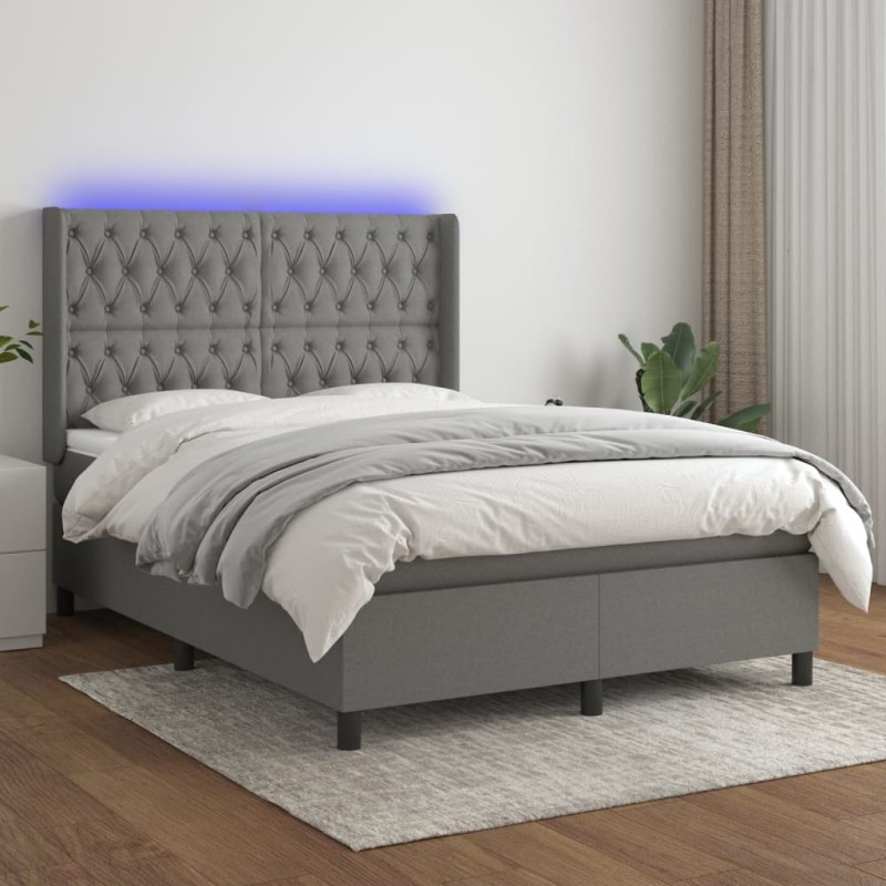 vidaXL Cama box spring colchón y luces LED tela gris oscuro 140x200 cm vidaXL Cama box spring colchón y luces LED tela gris oscuro 140x200 cm