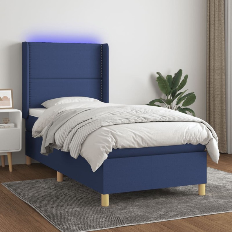vidaXL Cama box spring colchón y luces LED tela azul 90x200 cm vidaXL Cama box spring colchón y luces LED tela azul 90x200 cm