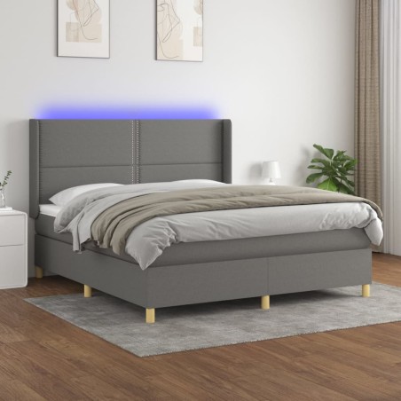 vidaXL Cama box spring colchón y luces LED tela gris oscuro 180x200 cm