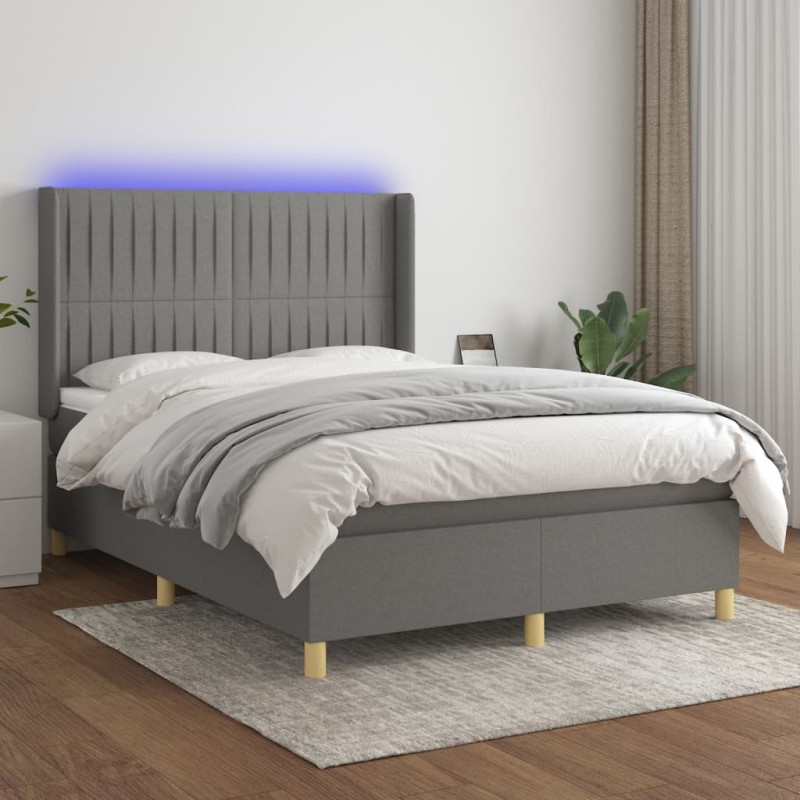 vidaXL Cama box spring colchón y luces LED tela gris oscuro 140x200 cm vidaXL Cama box spring colchón y luces LED tela gris oscuro 140x200 cm