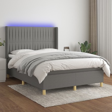 vidaXL Cama box spring colchón y luces LED tela gris oscuro 140x200 cm