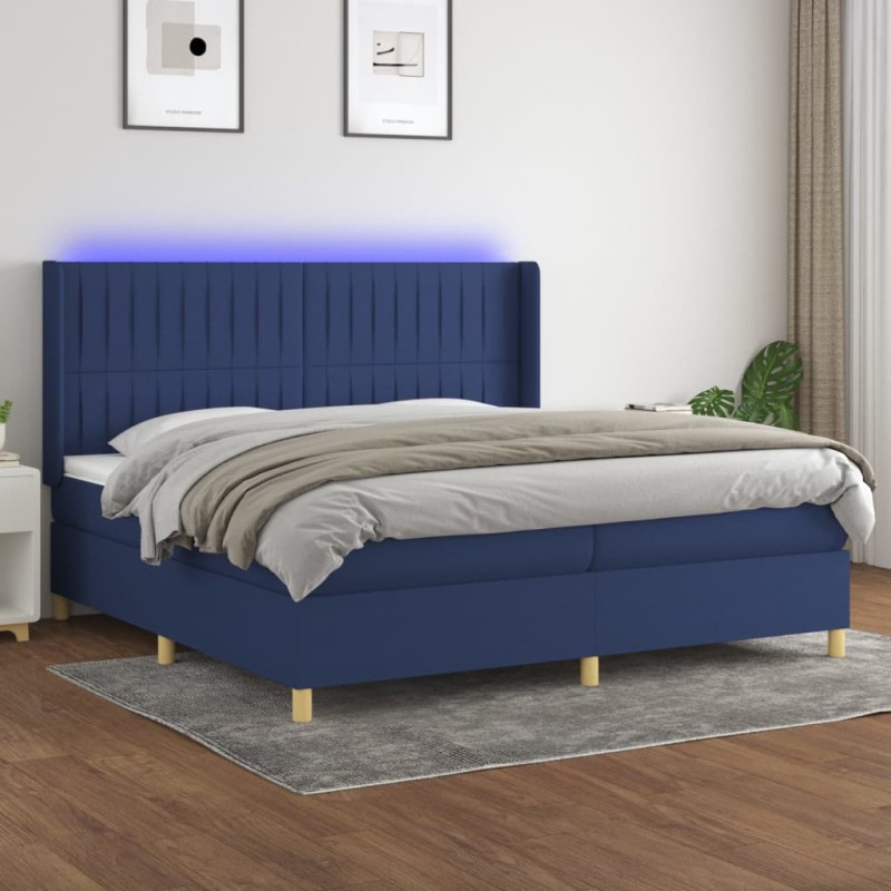vidaXL Cama box spring colchón y luces LED tela azul 200x200 cm vidaXL Cama box spring colchón y luces LED tela azul 200x200 cm