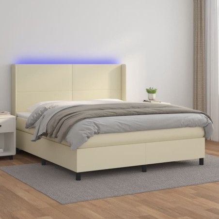 vidaXL Cama box spring colchón y LED cuero sintético crema 180x200 cm
