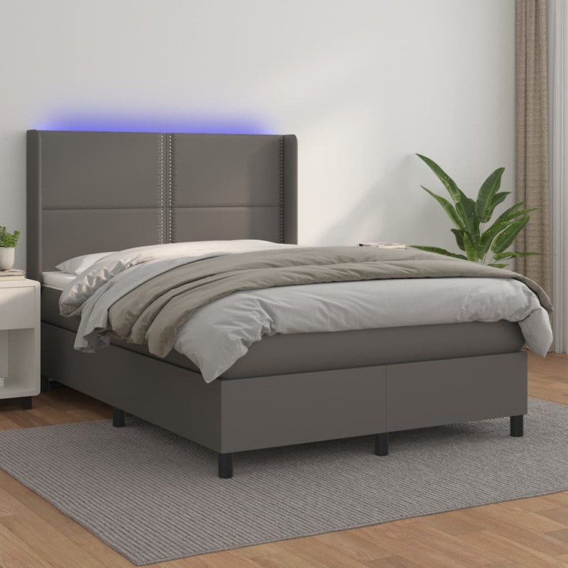 vidaXL Cama box spring colchón y LED cuero sintético gris 140x190 cm vidaXL Cama box spring colchón y LED cuero sintético gris 140x190 cm