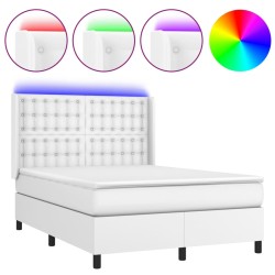 vidaXL Cama box spring colchón y LED cuero sintético blanco 140x190 cm